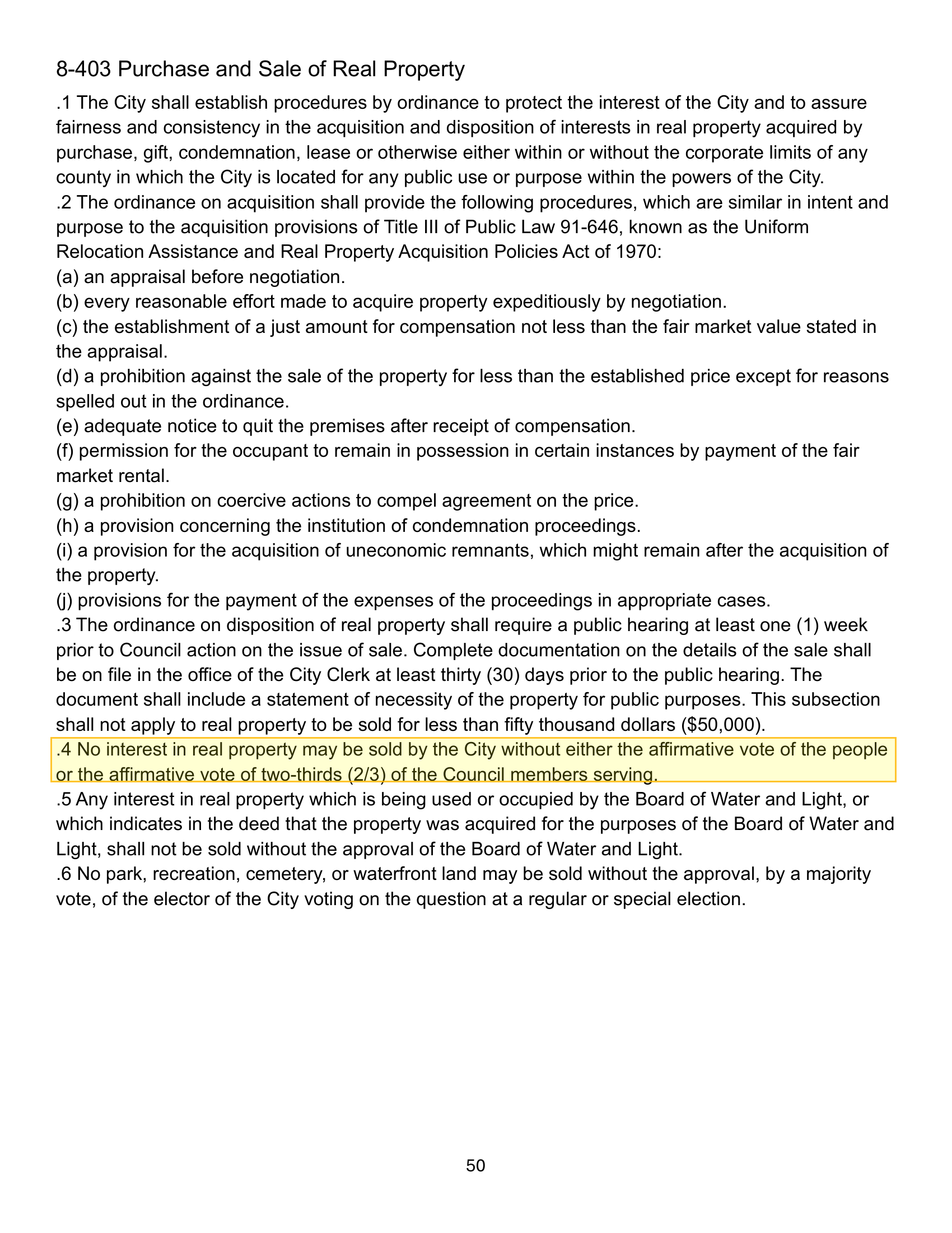 Lansing City Charter, Section 8-403 Purchase and Sale of Real Property. Subsection .4 is highlighted.