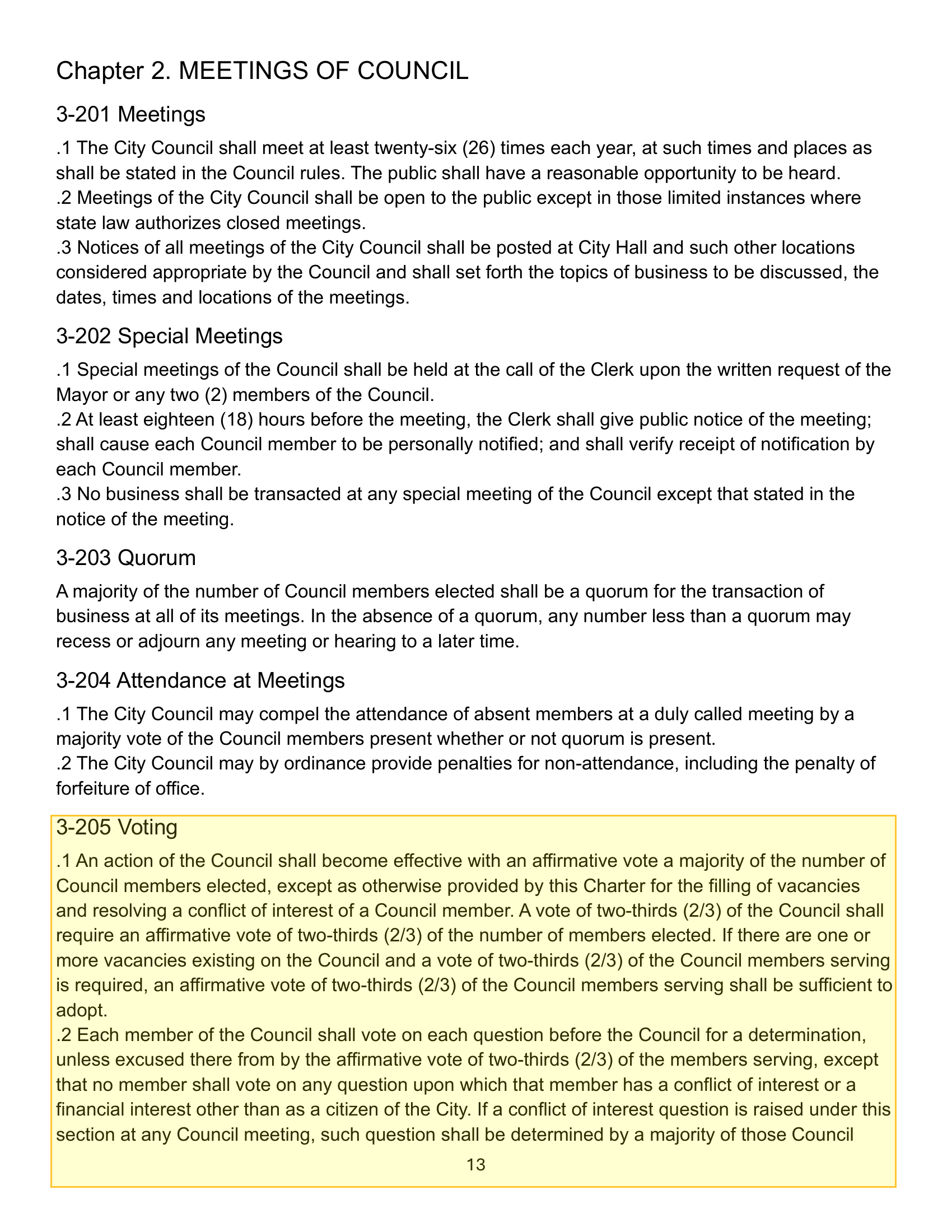 Lansing City Charter, Section 3-205 Voting.