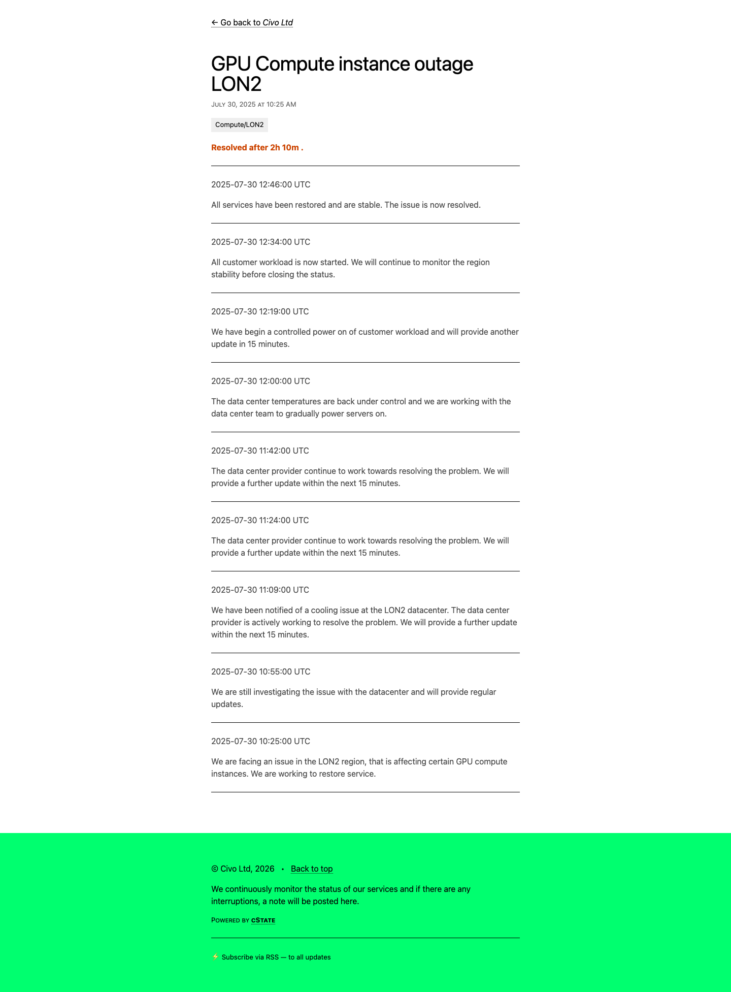 Civo status page showing GPU Compute instance outage LON2, July 30, 2025, resolved after 2 hours 10 minutes. Root cause: cooling issue at the LON2 datacenter.