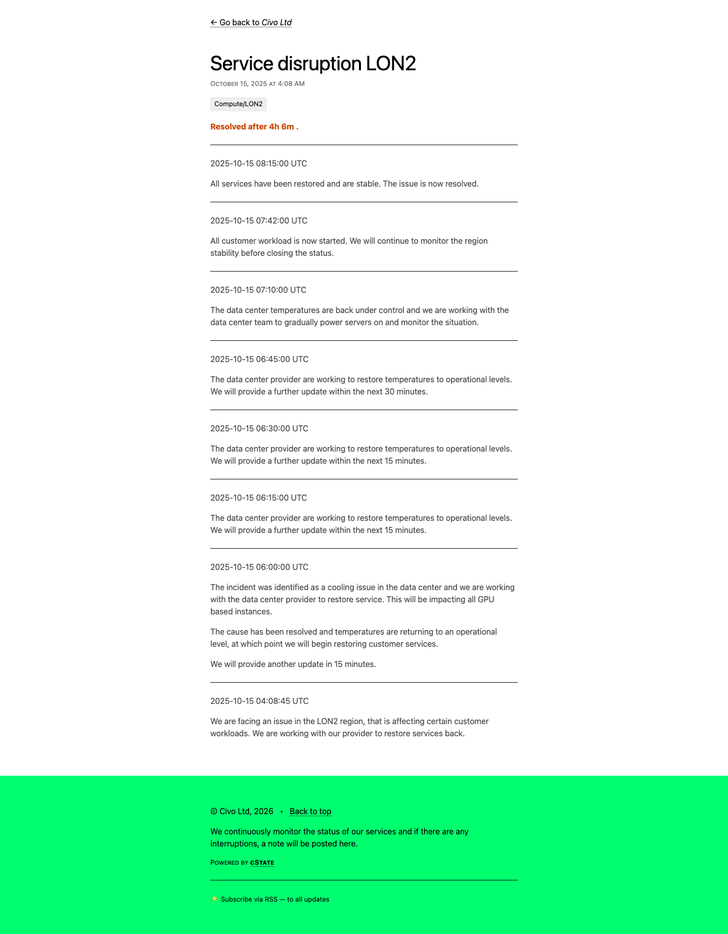 Civo status page showing Service disruption LON2, October 15, 2025, resolved after 4 hours 6 minutes. Root cause: cooling issue in the data center.
