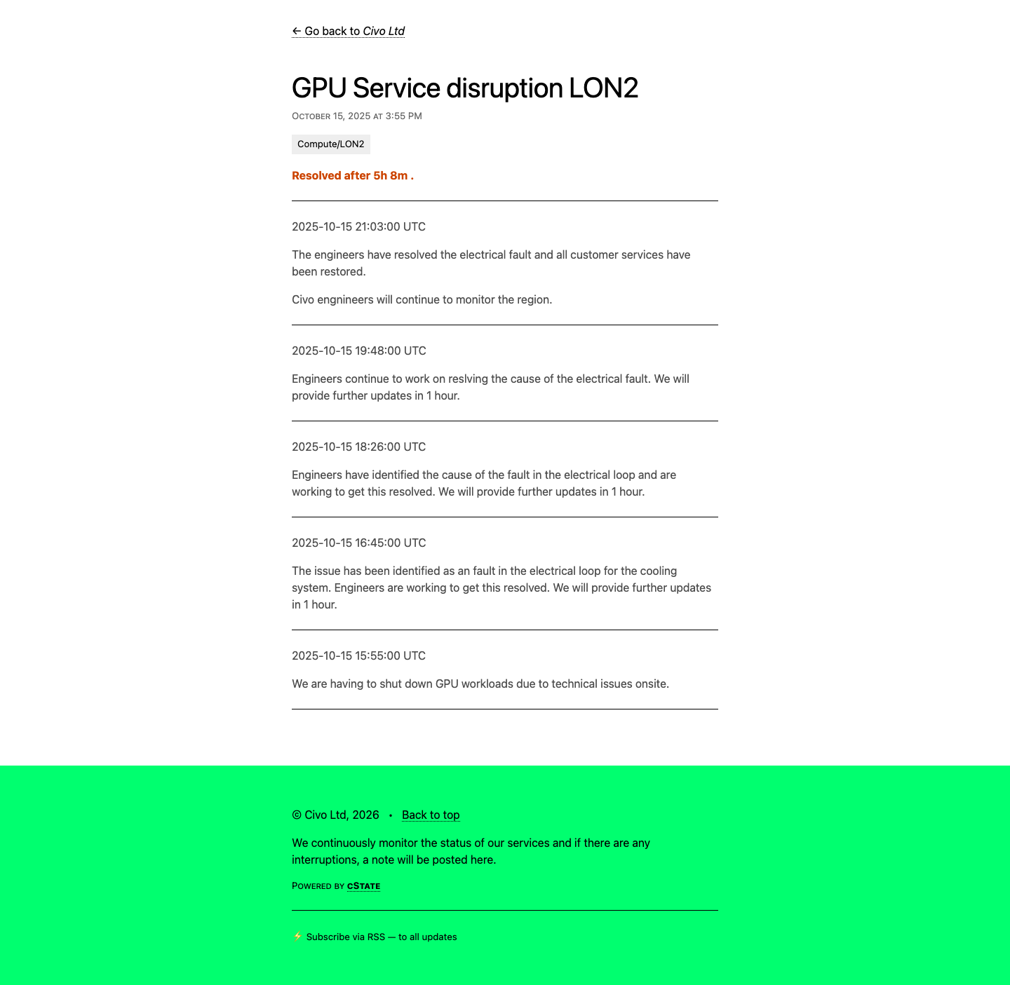 Civo status page showing GPU Service disruption LON2, October 15, 2025, resolved after 5 hours 8 minutes. Root cause: fault in the electrical loop for the cooling system.