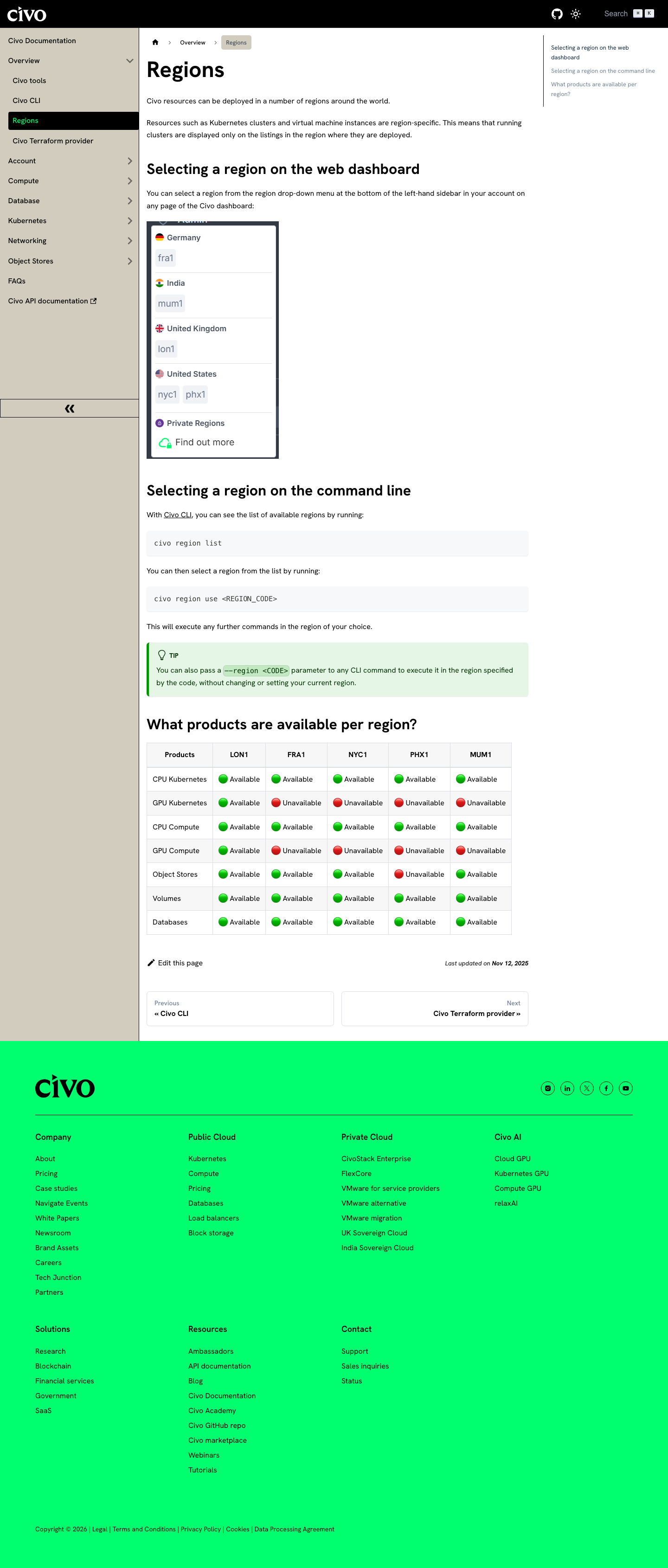 Civo's regions documentation page showing five active regions (LON1, FRA1, NYC1, PHX1, MUM1) with a product availability table. LON2 is not listed anywhere on the page.
