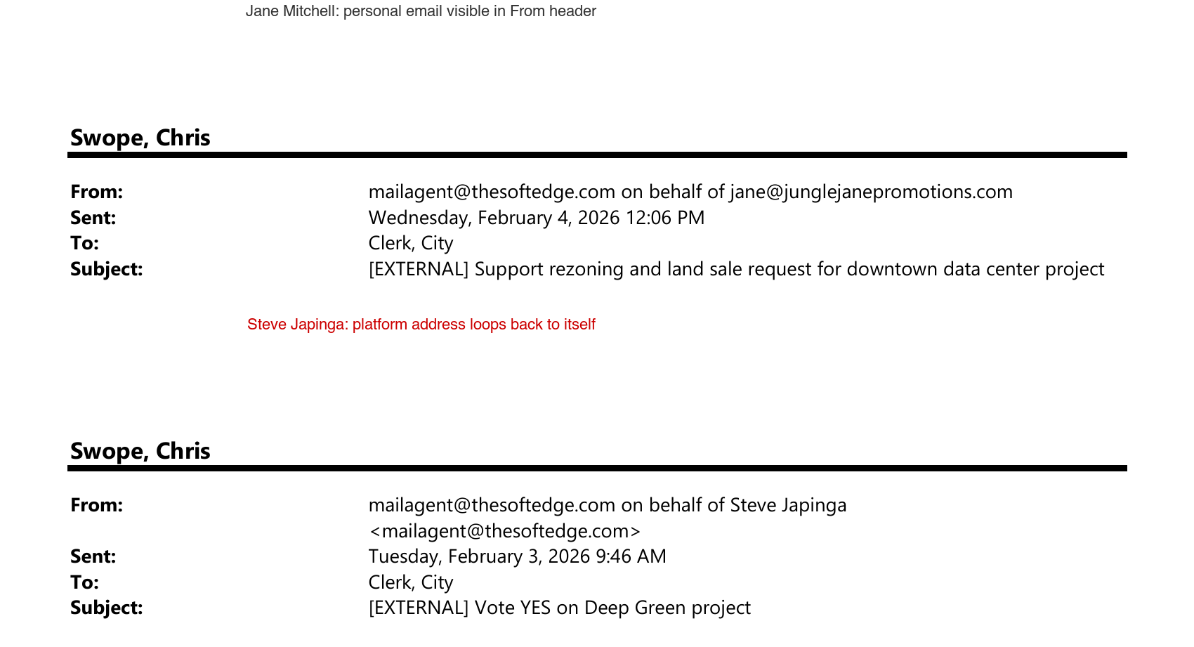 Email header comparison showing Jane Mitchell's real email address versus Steve Japinga's loopback to the platform relay address