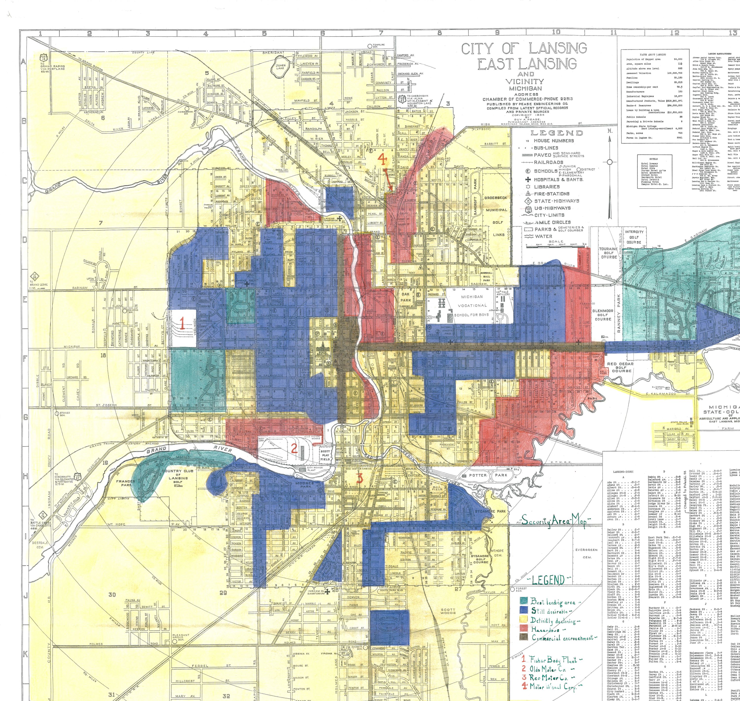 1935 Home Owners' Loan Corporation map of Lansing, Michigan. Neighborhoods are graded A (green, 'Best') through D (red, 'Hazardous'). D-grade zones cluster around downtown and near factory sites. A-grade zones are on the city's western and northern edges.