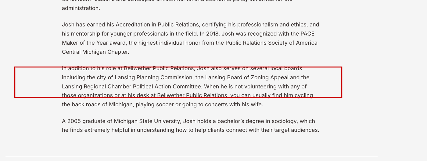 Screenshot from bellwetherpr.com showing Josh Hovey's bio claiming he serves on the city of Lansing Planning Commission