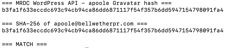 Comparison showing a digital fingerprint from the MRDC website matching the email address apoole@bellwetherpr.com