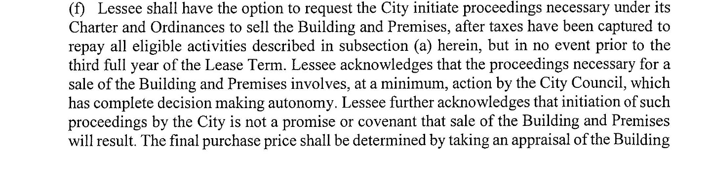 Paragraph (f) of the 2020 City Market Lease, showing the clause that initiation of sale proceedings is not a promise or covenant that sale will result.